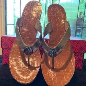 Tory Burch Tory Burch Silver Leather Cork Wedge Sandals  - Size 8.5